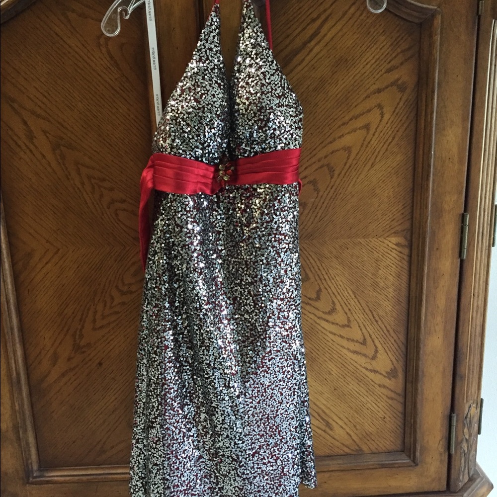 Red and silver sequined dress